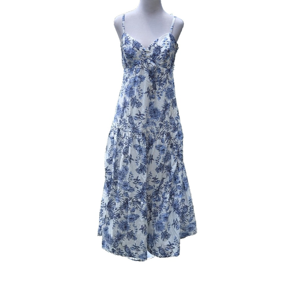 TAYLOR Womens Blue‎ White Floral Toile Smocked Midi Maxi Dress Size Large